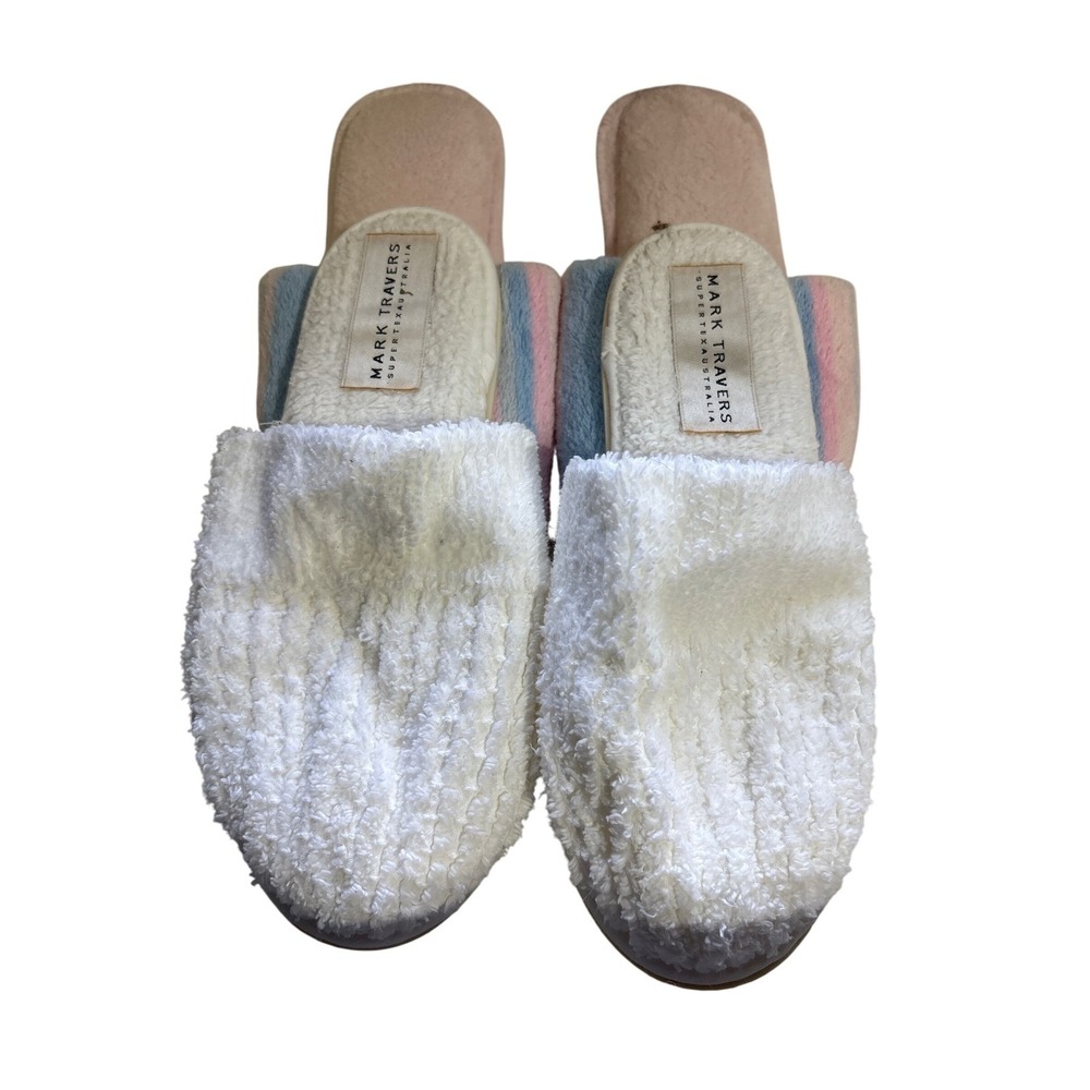 Mark Traver's Pink‎ Blue White Striped Terry Cloth Slide Slippers Small USA Made